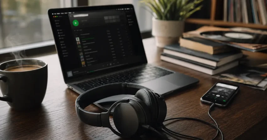 Premiumhörlurar på skrivbord bredvid laptop och smartphone med musikstreaming-appar