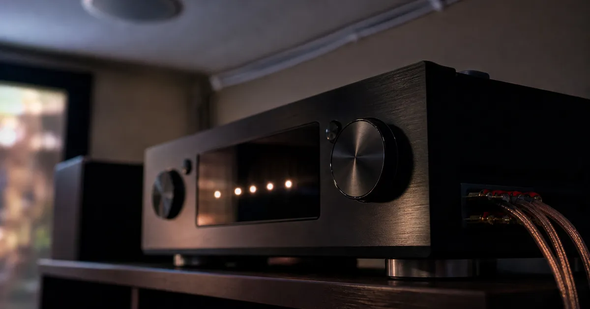 AV-receiver och takhögtalare i ett mörklagt hemmabiorum